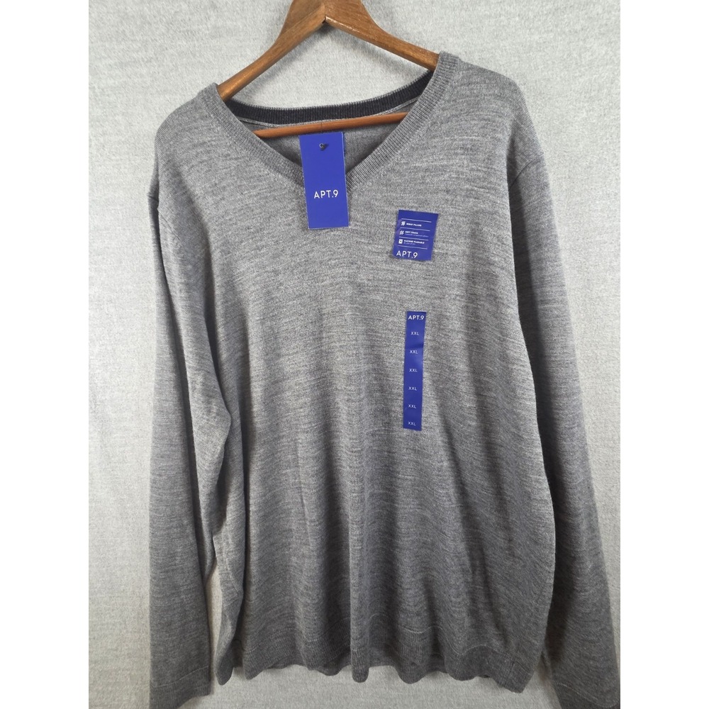 Apt 9 Sweater Mens 2XL Gray Wool Blend Slim Fit Soft Touch Comfort V Neck NEW